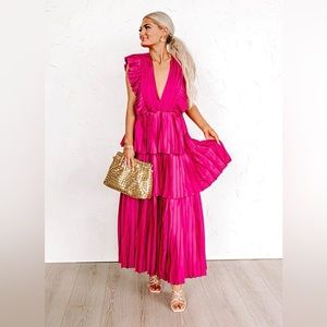 IMPRESSIONS “Seeking Champagne Pleated Maxi Dress”